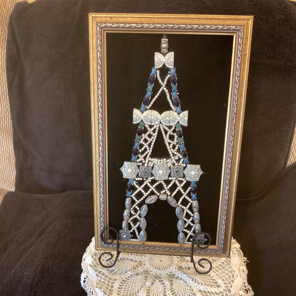 Handcrafted vintage jewelry wall art picture Eiffel Tower framed blue silver